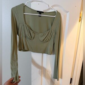 Forever 21 Olive Scoop Neck Long Sleeve Cropped Top